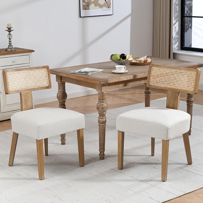 Mid-Century Modern Rattan Dining Chairs Set of 2 – Farmhouse Linen Upholstered Accent Chairs with Curved Backrest, Solid Hardwood Frame, and Comfortable Seat for Kitchen & Dining Room – Beige