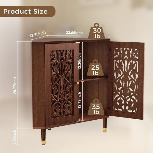 3More 2-Door Retro Accent Corner Cabinet, Hollow Carved Doors Storage Cabinet with Adjustable Shelf and Gold Aluminum Handles, Furniture for Living Room Dining Room Bathroom