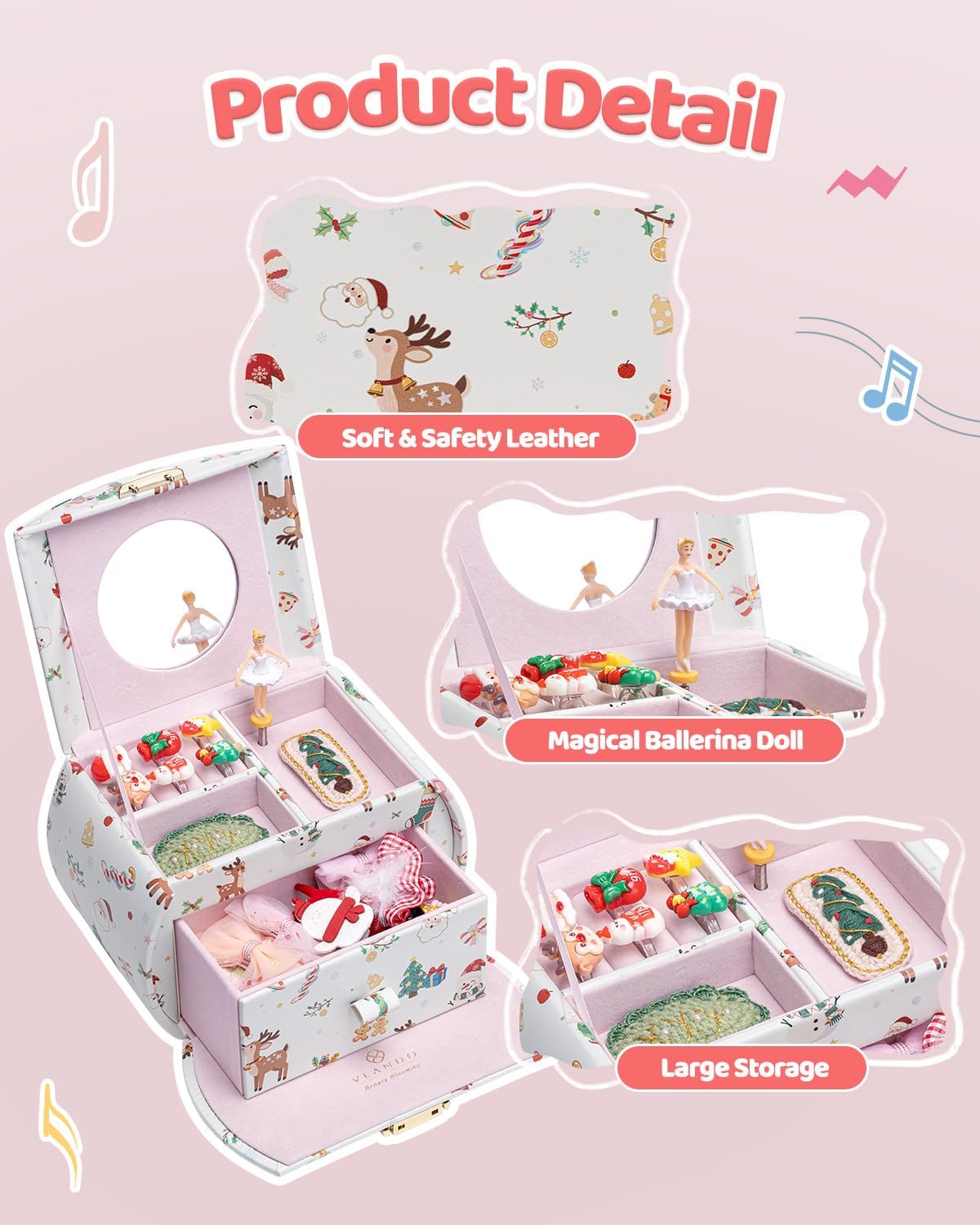VLANDO 2 Layer Girls Musical Jewelry Box with Ballerina and Large Drawers | Rotating Dancer Plays Canon Melody, Top Dividers Store Rings and Small Treasures, Half-Moon Design, Birthday Christmas Gift