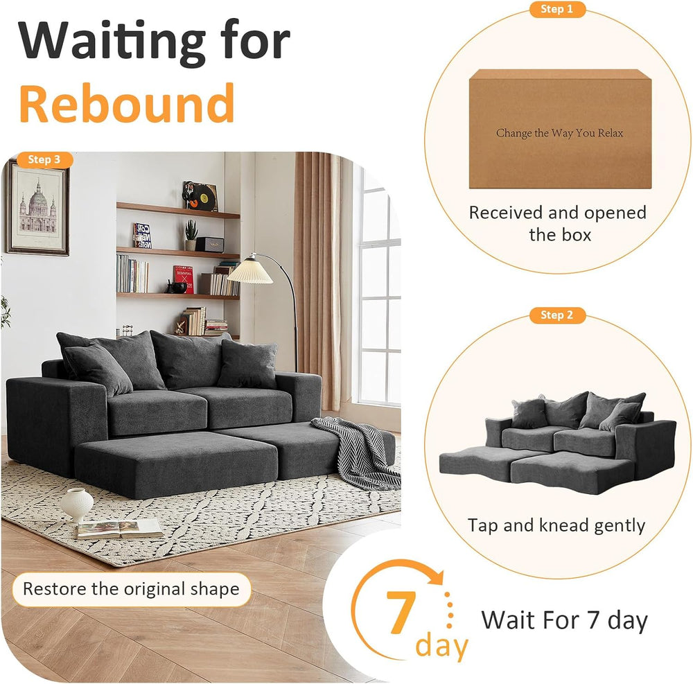 Modular Sectional Loveseat Cloud Sofa with Ottoman, Grey, 79''