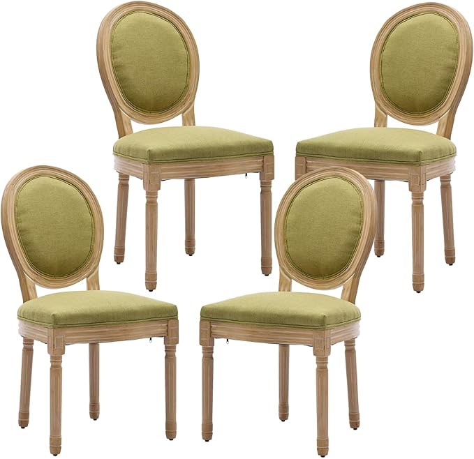French Country Dining Chairs Set of 4,Farmhouse Upholstered Dining Room Chairs with Round Back and Solid Leg,Fabric Kitchen Side Chairs for Kitchen/Bedroom/Dining Room,Green
