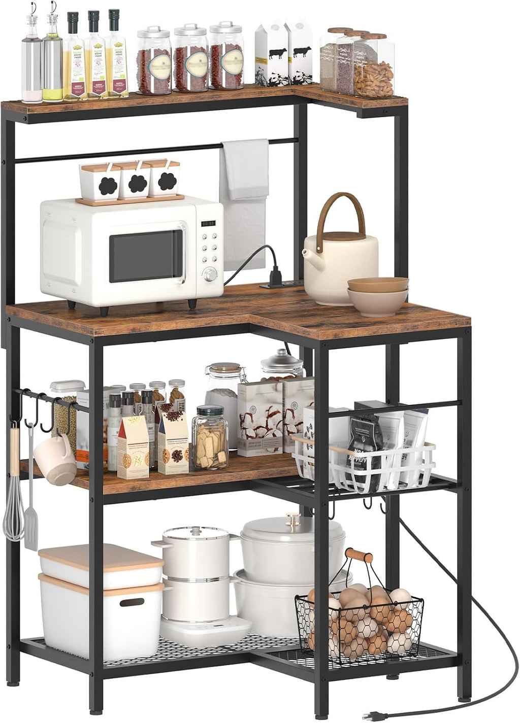 HOOBRO L-Shaped Bakers Rack with Power Outlet, 4-Tier Corner Microwave Stand with Storage, Coffee Bar Station with 8 Hooks, Kitchen Shelf Rack, 2 Installation Methods, Rustic Brown and Black BF20UHB01