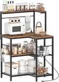 HOOBRO L-Shaped Bakers Rack with Power Outlet, 4-Tier Corner Microwave Stand with Storage, Coffee Bar Station with 8 Hooks, Kitchen Shelf Rack, 2 Installation Methods, Rustic Brown and Black BF20UHB01