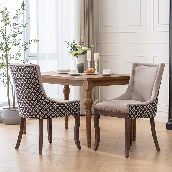 Modern Dining Chairs Set of 2, High Back Dining Chairs Side Chairs with Solid Wood Legs, Upholstered Fabric Dining Room Chairs for Dining Room Kitchen, Beige and Patterned