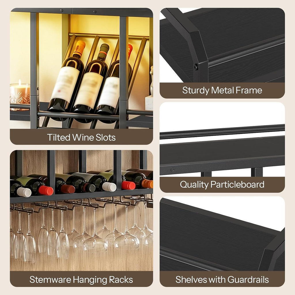 HOOBRO Wall Mounted Wine Rack with LED Light, Wine Shelf with Glass Holder | 4 Tier Metal Hanging Wine Display Shelf, Liquor Bottle Display Rack, for Kitchen, Home Bar, Dining Room