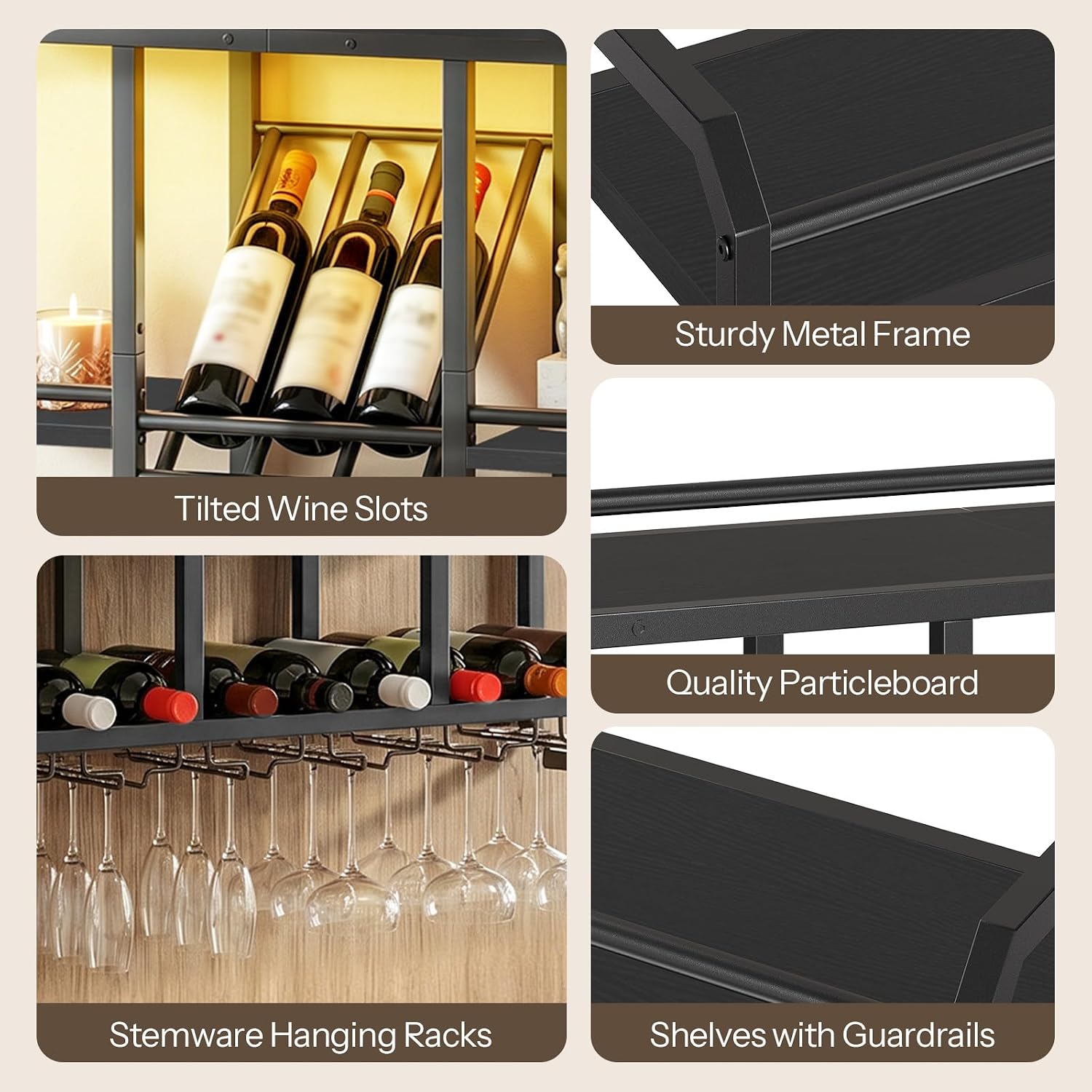 HOOBRO Wall Mounted Wine Rack with LED Light, Wine Shelf with Glass Holder | 4 Tier Metal Hanging Wine Display Shelf, Liquor Bottle Display Rack, for Kitchen, Home Bar, Dining Room