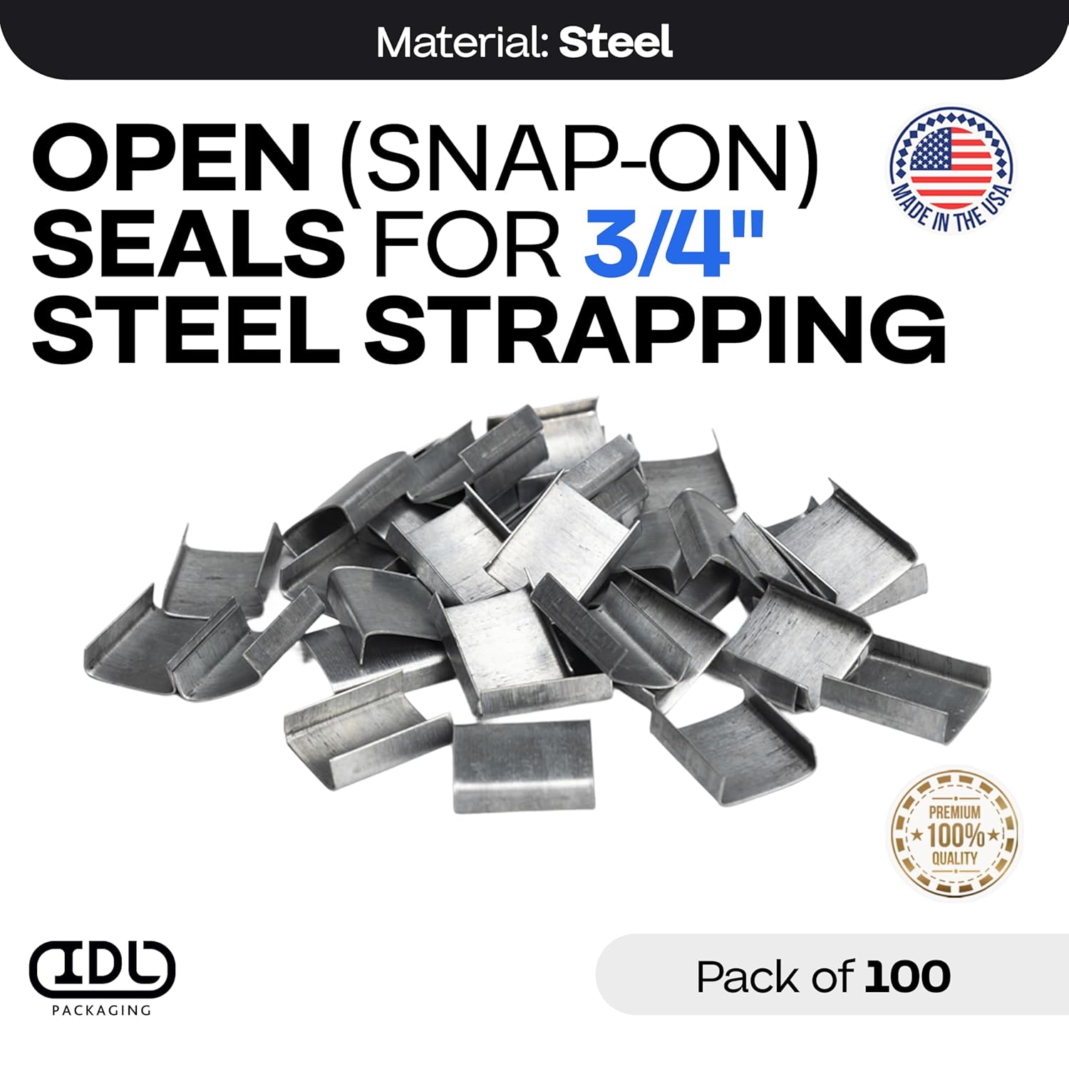 IDL Packaging - ST-O-34-M 3/4" Open (Snap-On) Seals for Steel Strapping, Pack of 100