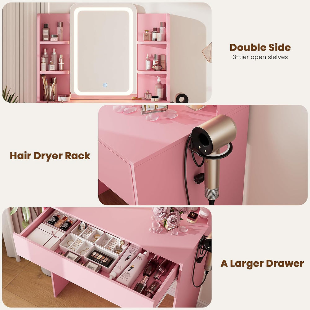 Small Vanity Desk with Mirror and lights,Pink Makeup Vanity for Girls Kid | C...