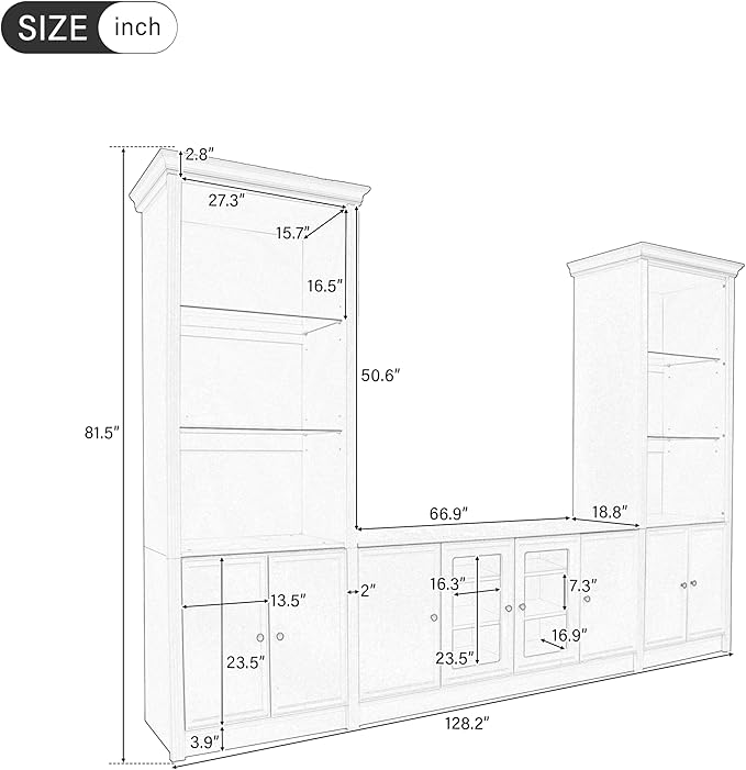 128.2" W Wall Unit Entertainment Center with Bookshelves for TVs up to 80", Multifunctional TV Stand Media Console with Tempered Glass Cabinets and Adjustable Shelves for Living Room (White-1.28)