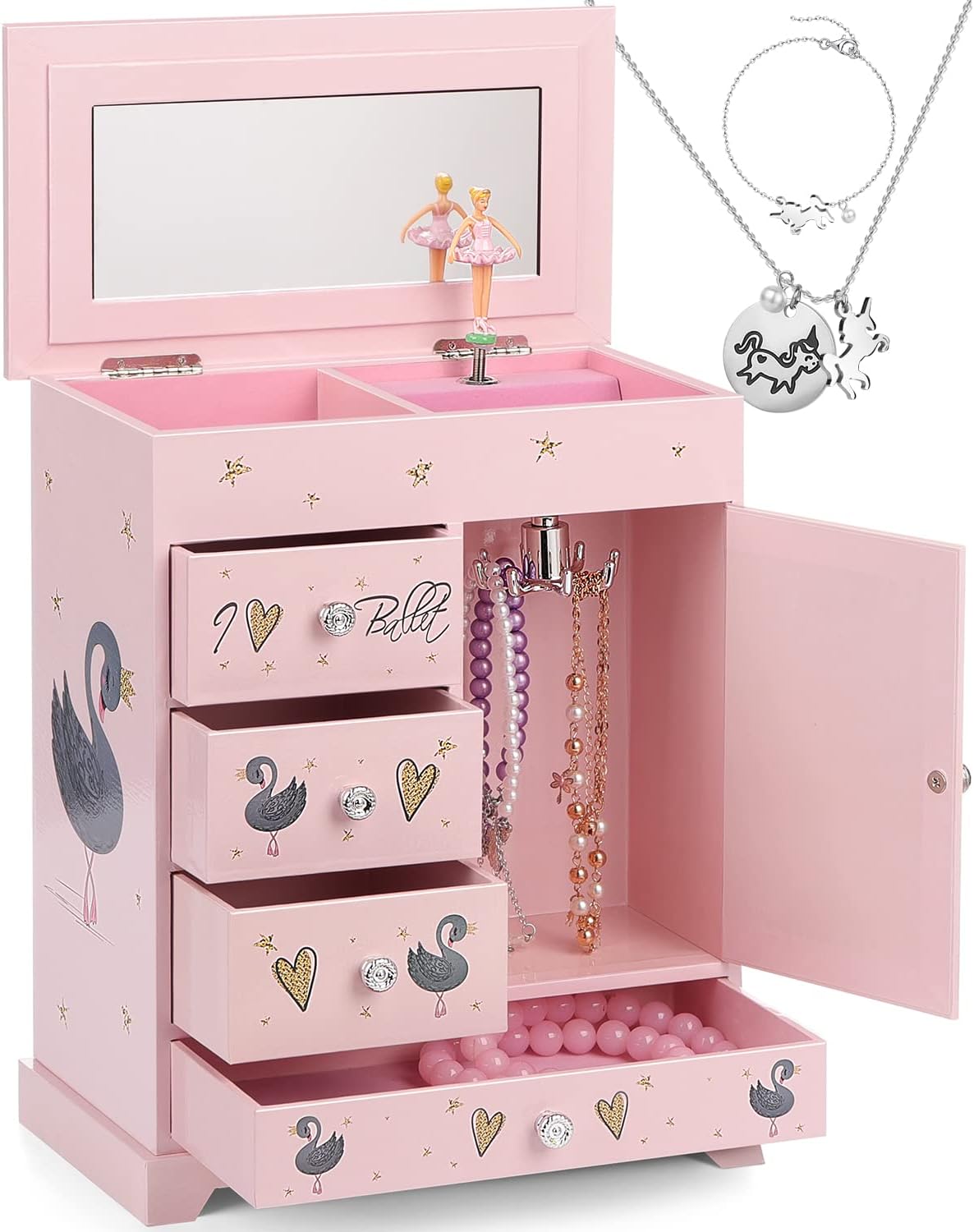 Jewelry Box for Girls 8.9 x 4.92 x 10.98 inch Large 5 Layer Music Box with Spinning Ballerina with Unicorn Necklace & Bracelet Set Jewelry Organizer for Kids Birthday Christmas Gift Pink