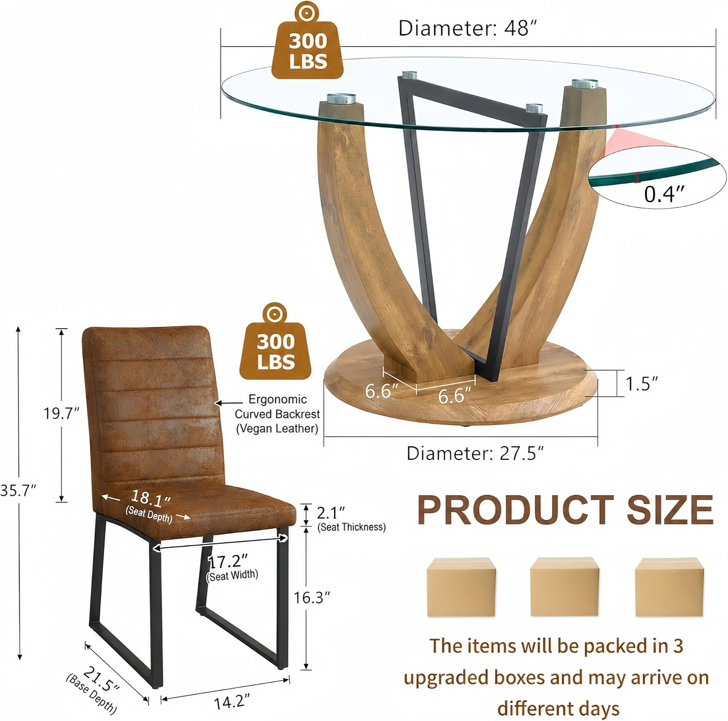 48 Inch Round Glass Dining Table Set for 4 | Tempered Glass Top, Wood Pedestal Base, 4 Brown Upholstered Chairs, Mid Century Modern Dining Room Set for Small Spaces