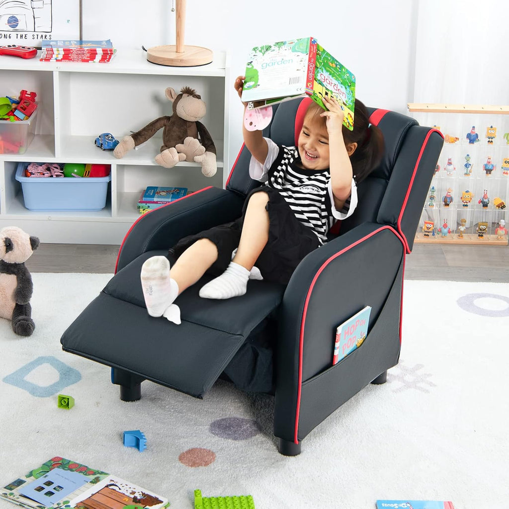 Costzon Kids Recliner, Gaming Recliner Chair w/Side Pockets, Footrest, Headrest & Lumbar Support for Kids Room & Play Room, Adjustable Racing Style Leather Sofa for Children Boys Girls (Red, Black)