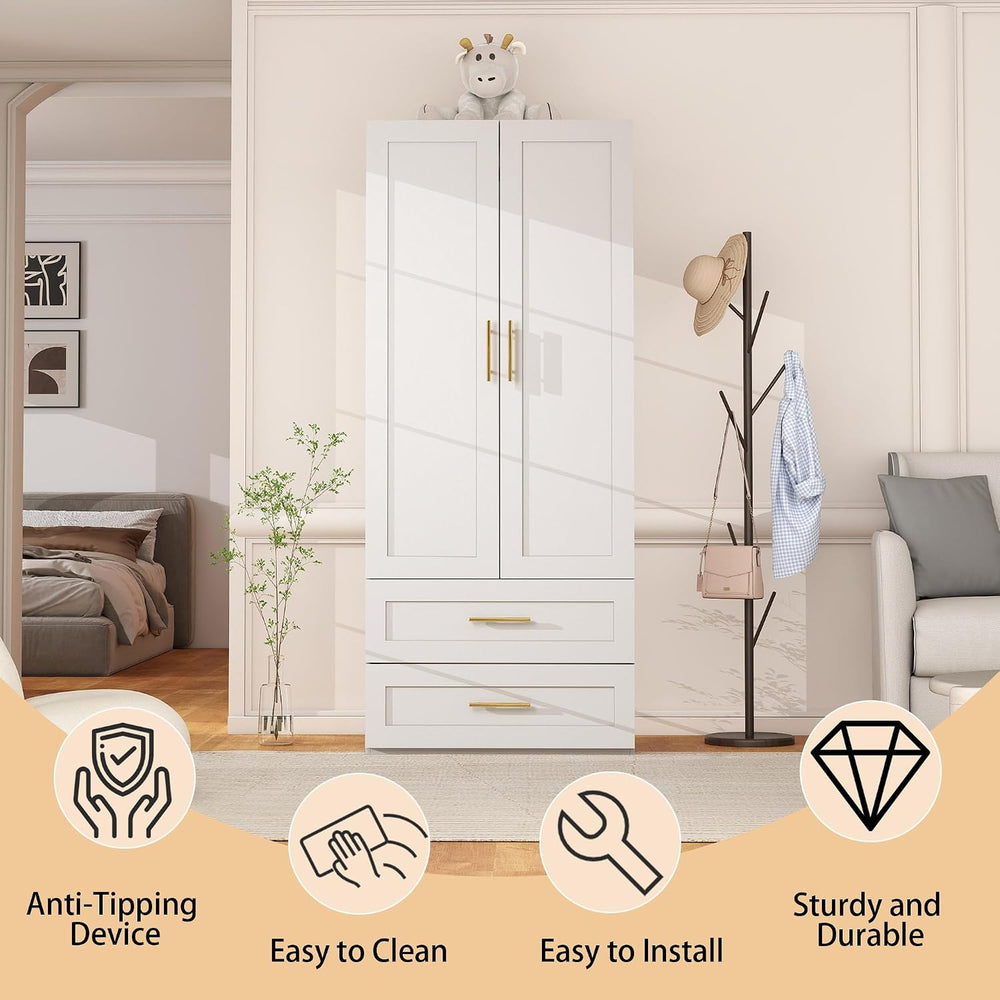 White Wardrobe with 2 Doors: 75" Tall Armoire Wardrobe Closet with 2 Dra...