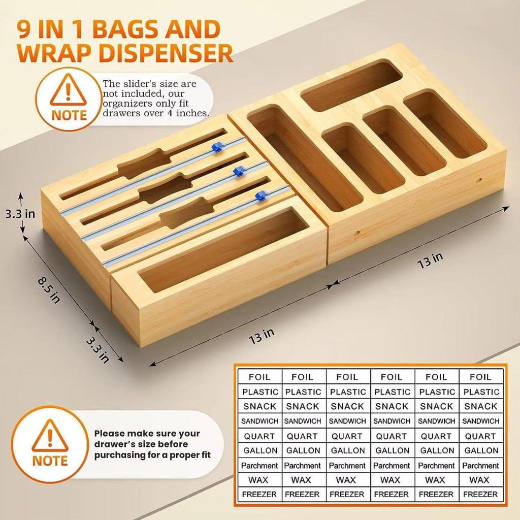 9 IN 1 Storage Bag Organizer for Kitchen Drawer, Bamboo Foil and Plastic Wrap with Cutter, Organizers Compatible Gallon, Quart, Sandwich Snack Size