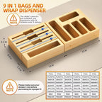 9 IN 1 Storage Bag Organizer for Kitchen Drawer, Bamboo Foil and Plastic Wrap with Cutter, Organizers Compatible Gallon, Quart, Sandwich Snack Size
