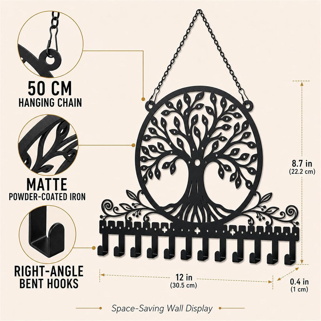 Personalized Tree of Life Wall Mounted Jewelry Organizer Metal Earring Holder Necklace Display Rack Decorative Jewelry Storage Hanger Space Saving Wall Decor for Bedroom Vanity Room Gift for Women