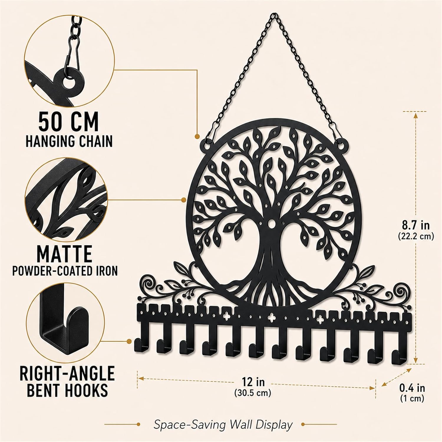 Personalized Tree of Life Wall Mounted Jewelry Organizer Metal Earring Holder Necklace Display Rack Decorative Jewelry Storage Hanger Space Saving Wall Decor for Bedroom Vanity Room Gift for Women