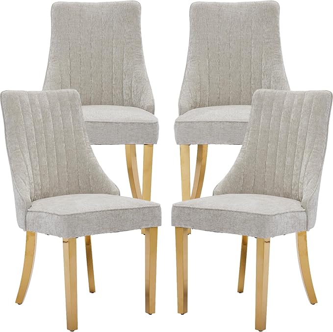 Beige Mid Century Dining Chairs Set of 4, Modern Kitchen & Dining Room Chairs Set of 4, Chenille Fabric Upholstered Kitchen Chairs, Sillas de Comedor, Gold Legs (Beige, 4 Pcs)
