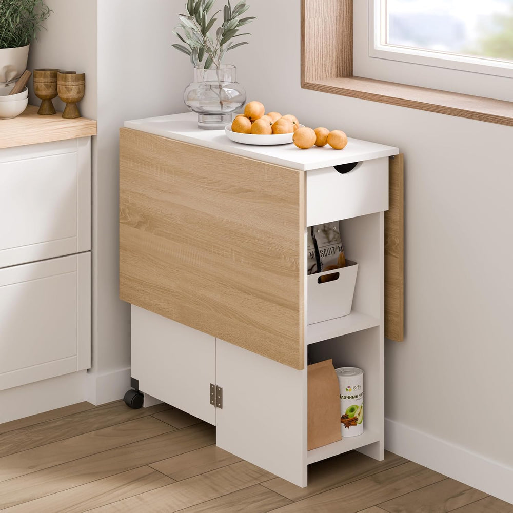 Mondeer Folding Dining Table with Drawer and Shelves, Oak & White | Drop ...