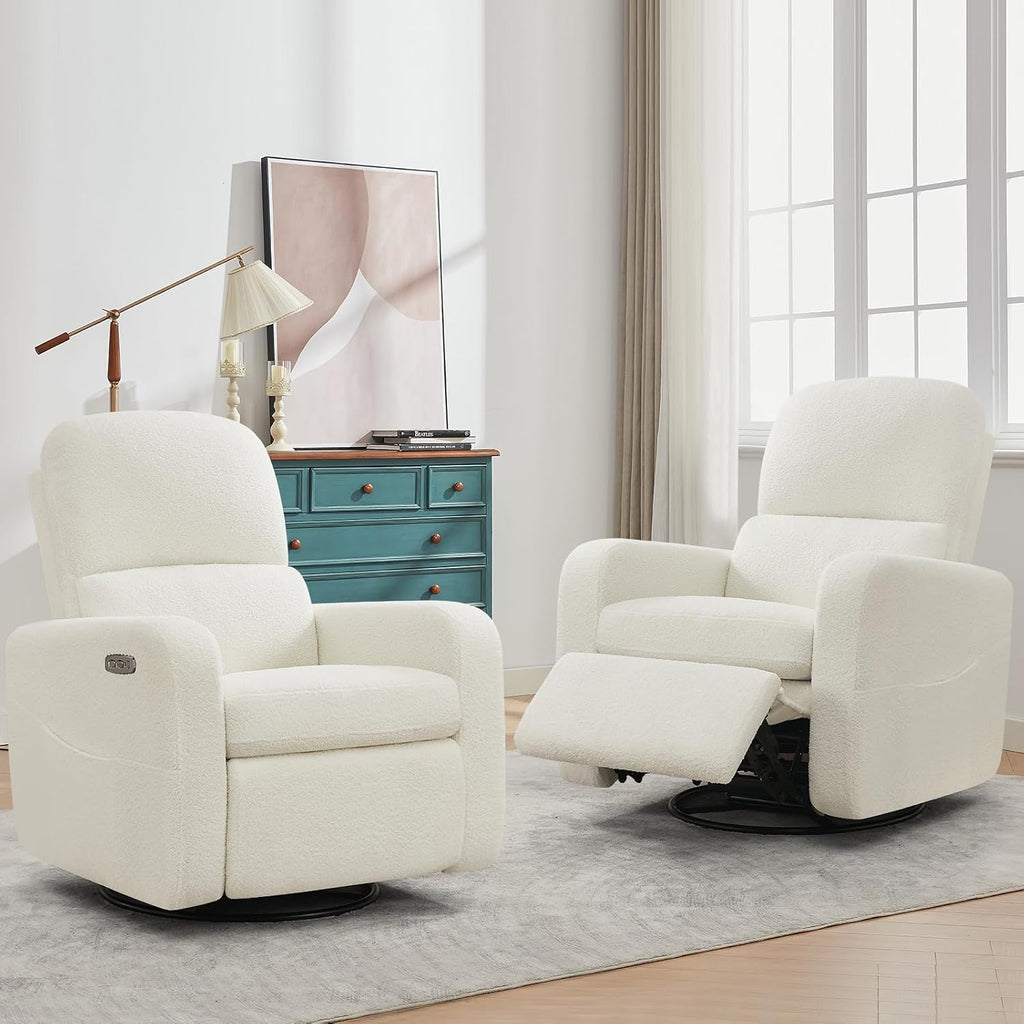 Power Swivel Rocker Recliner, Oversized Boucle Nursery Glider Recliner, Swivel Rocking Reclining Chair with Removable Cushion and Lumbar Support for Nursery Living Room Bedroom, Teddy White