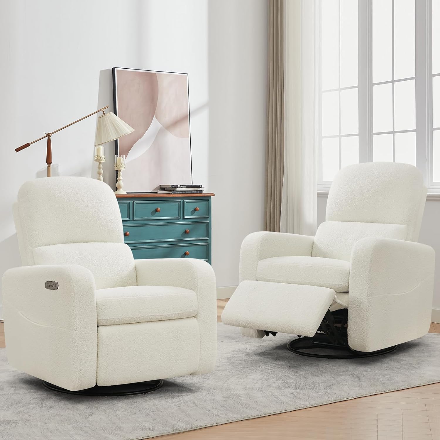 Power Swivel Rocker Recliner, Oversized Boucle Nursery Glider Recliner, Swivel Rocking Reclining Chair with Removable Cushion and Lumbar Support for Nursery Living Room Bedroom, Teddy White