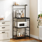 MAHANCRIS Bakers Rack with Power Outlet, Kitchen Storage Shelf with 6 Hooks, Microwave Stand with Storage, 4-Tier Coffee Bar Station, for Kitchen, Dining Room, Black BRBK35E01