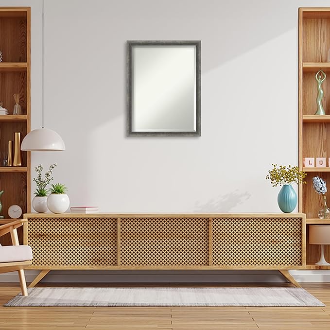 Amanti Art Grey Wall Mirror 26x20 Burnished Concrete Narrow Rectangle Bathroom Mirror for Wall Decor Living Room, Medium Modern Contemporary Wood Frame, Hangs Horizonally and Vertically, Bathroom