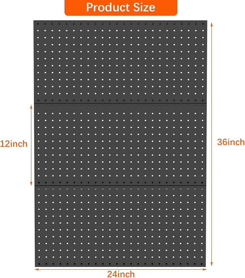 WALMANN Metal Pegboard Panels for Wall Garage Tools Storage Pegboard for Garage, Workbench, Modular Peg Board Tool Organizer Board (Black 12"*24", Pack of 3)
