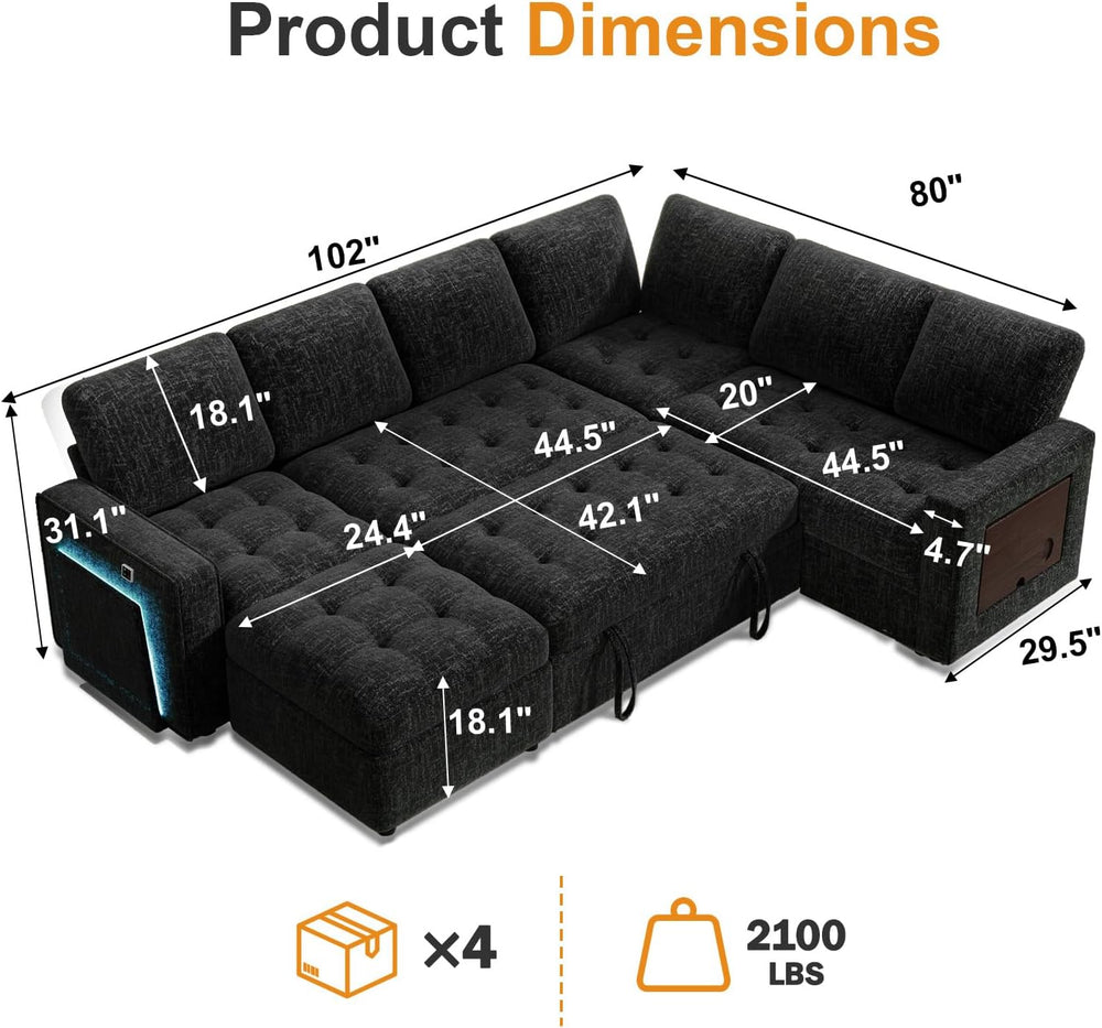 WEUP 7 Seat L Shaped Sectional Sleeper Sofa Bed with Pull Out Bed, Chenille S...