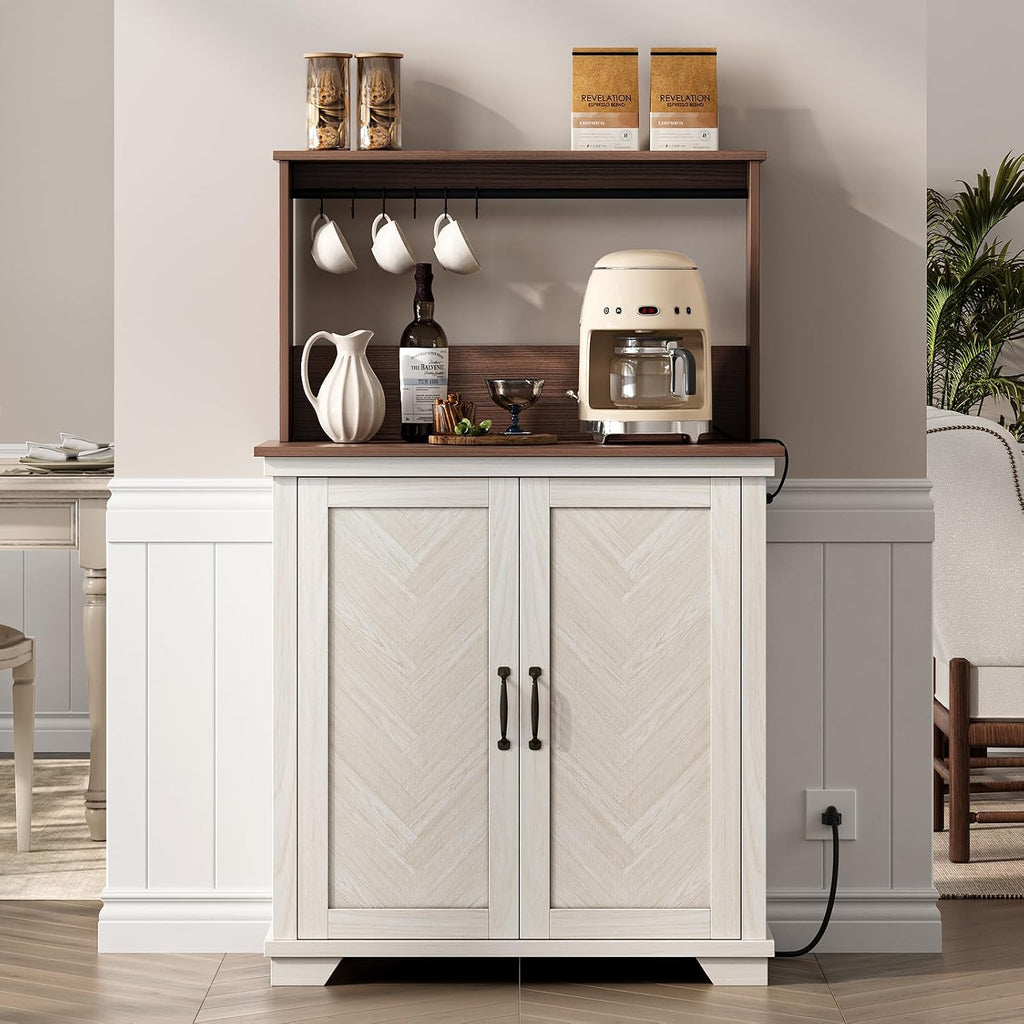 JOINICE Farmhouse Coffee Bar Cabinet with Storage and Charging, White | Herringbone Panel,31.5" Countertop Space,Loads To 100lbs,Open Top Shelf+Adjustable Shelf,USB/AC,6-Hook,Easy Assembly