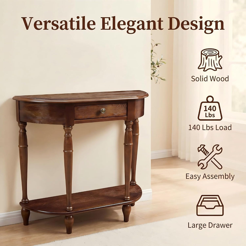 Solid Wood Console Table with Drawer, Half-Moon Porch Table Side Elegant Vint...