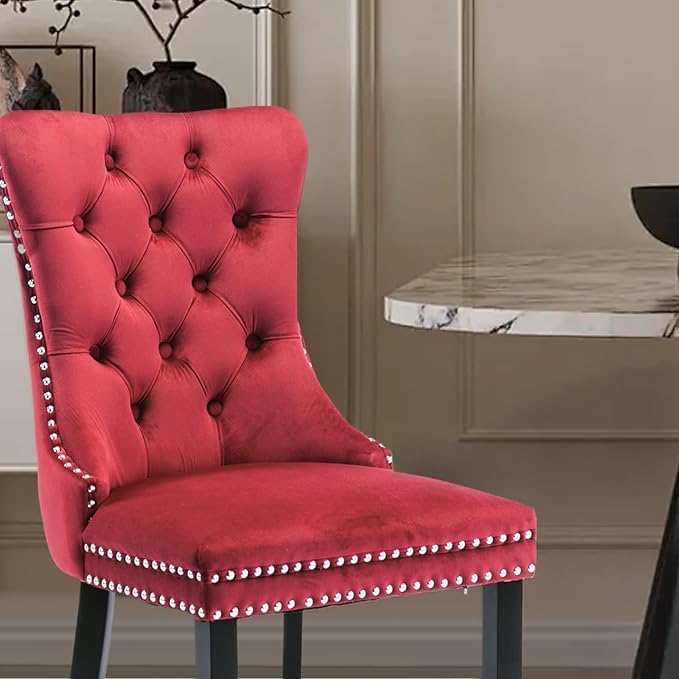Velvet Upholstered Dining Chairs Set of 6, Modern Style Kitchen Side Chairs with Nailhead Trim and Wood Legs,Metal Pulling Ring for Dining Room Living Room(Wine Red,Set of 6)