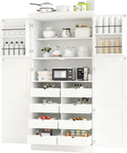 SOFTSEA Tall Kitchen Pantry Cabinet for Dining Room, Kitchen Hutch with 8 Pull-Out Trays, Freestanding Storage Cabinet with Adjustable Shelves and 2 Door Shelves, 35.5x17.6x70.9 Inch, White