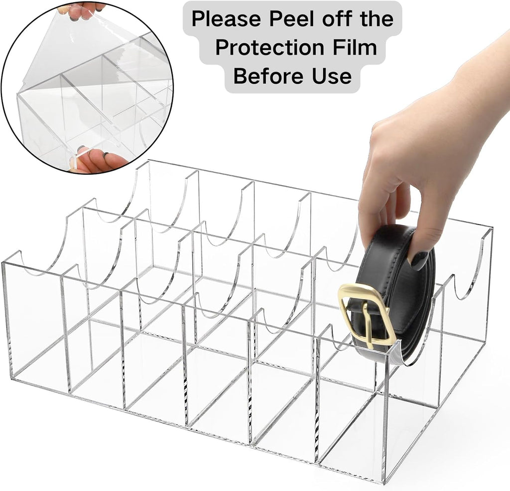 ZENFUN 12 Compartments Belts Storage Box, Acrylic Belt Organizer, Belt Container Storage Holder Clear Belts Display Case for Watch, Hair Accessories, Jewelry, Closet and Drawer