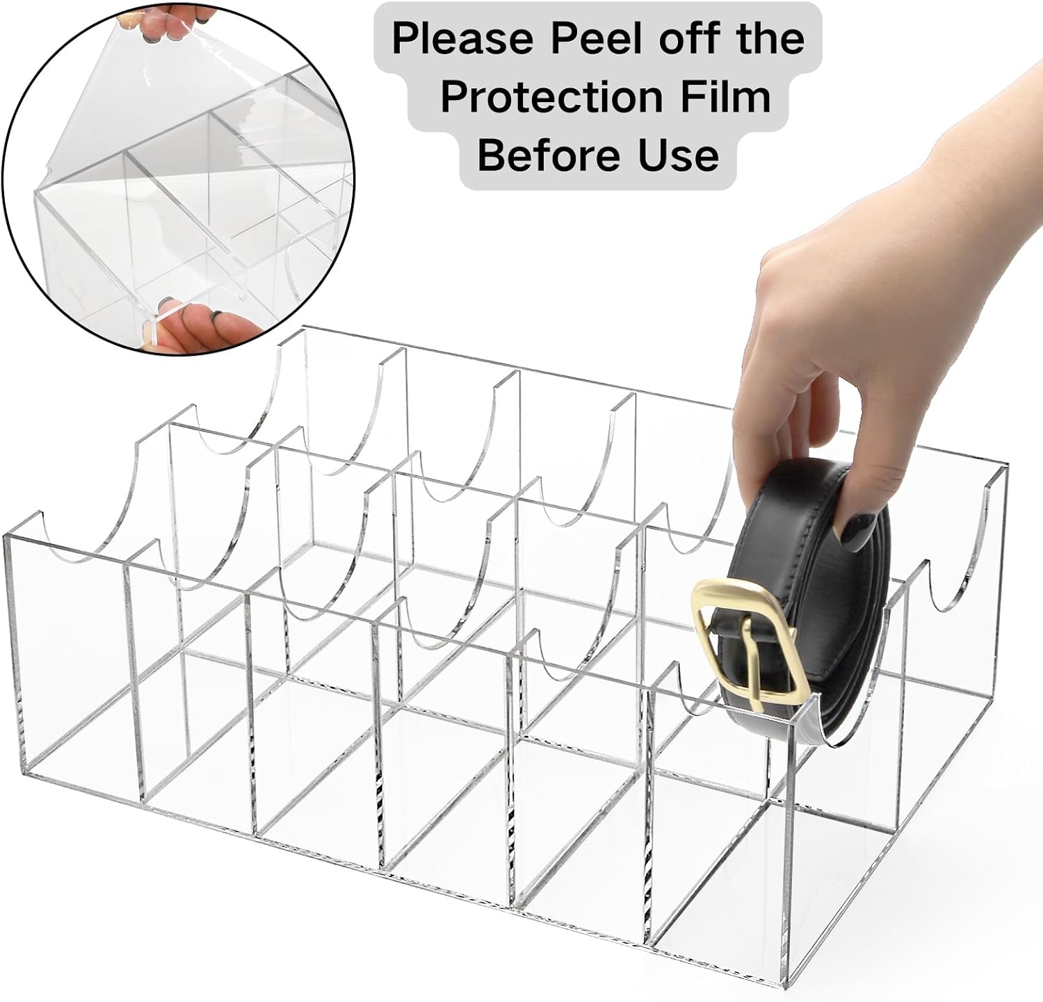 ZENFUN 12 Compartments Belts Storage Box, Acrylic Belt Organizer, Belt Container Storage Holder Clear Belts Display Case for Watch, Hair Accessories, Jewelry, Closet and Drawer
