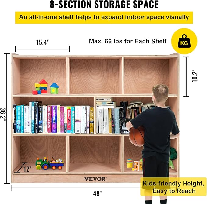 VEVOR Cubby Mobile Tray Storage Cabinet, 8-Compartment Cubby Storage Shelf, Cubby Storage Cabinet 3-Shelf, Classroom Cubbies, Classroom Furniture for Home, Daycare and Preschool, Natural