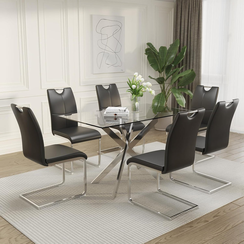 51" 7-Piece Glass Dining Table Set for 6, Black&Silver