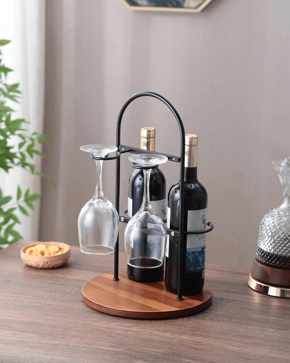 Wine Bottle and Glass Holder for Countertop | Small Wine Rack for 2 Bottles &...