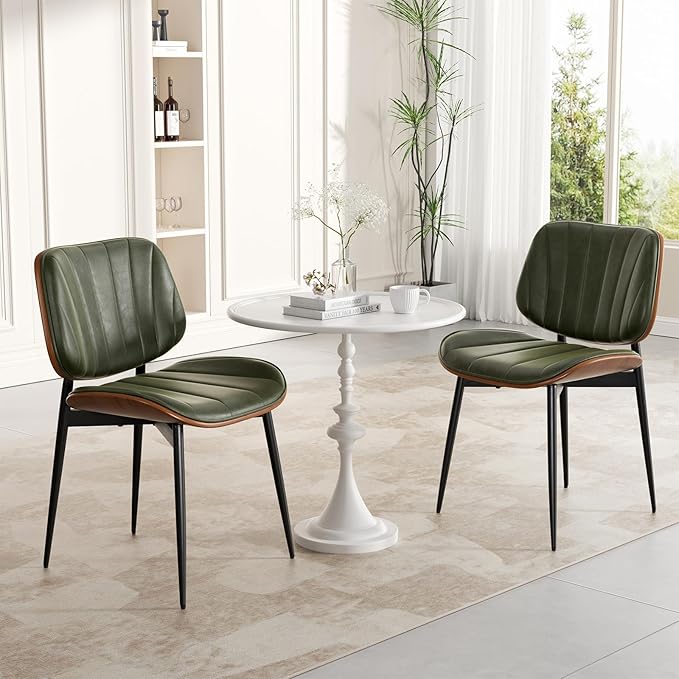 Dining Chairs Set of 6, Mid Century Modern Dining Room Chair, Upholstered Faux Leather Kitchen Chairs with Walnut Bentwood Back and Metal Legs for Kitchen Dining Room Living Room, Green