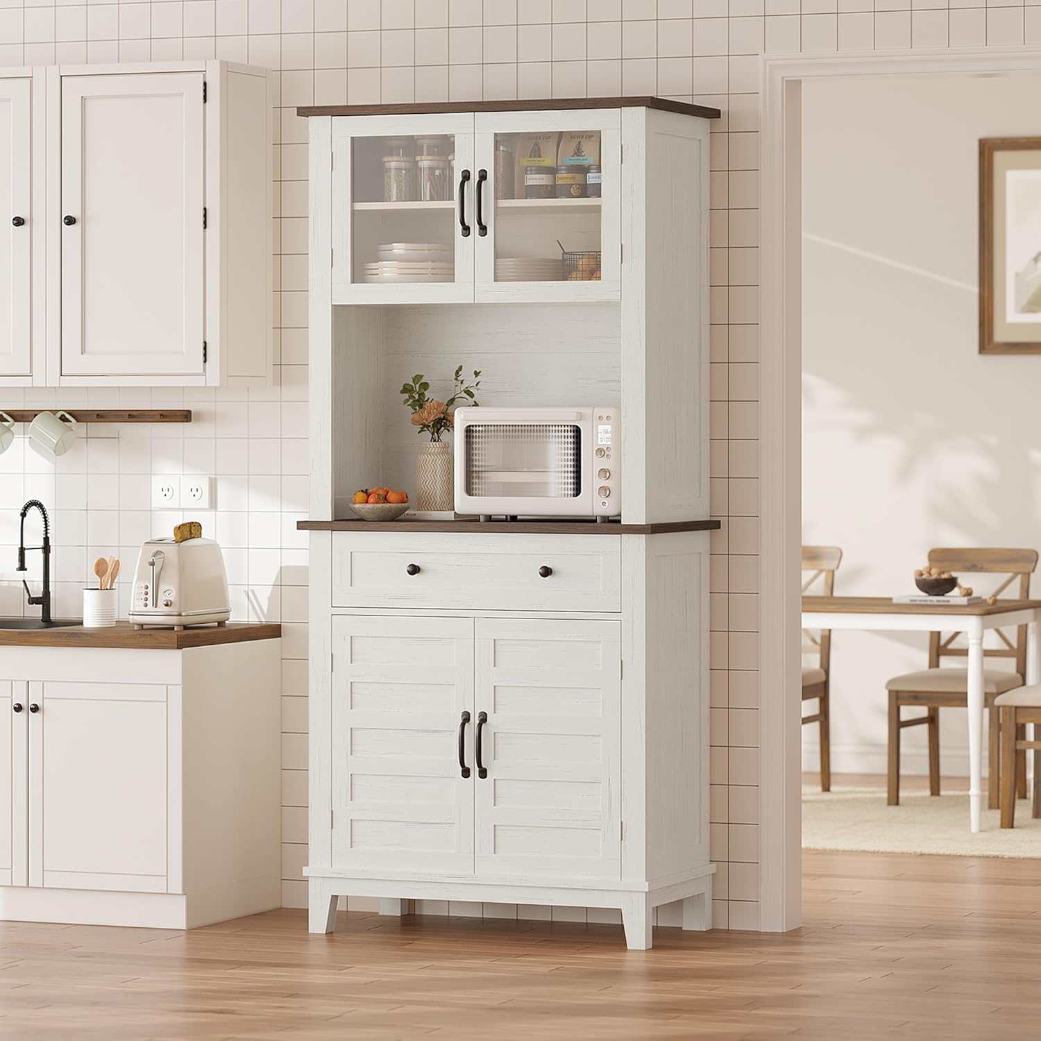 Multi-Functional Hutch – Elegant 72" White Pantry Coffee Bar Cabinet for Tall Kitchen Storage with Adjustable Shelves, Glass Doors & Drawer – Ideal for Dining Room and Kitchen, White