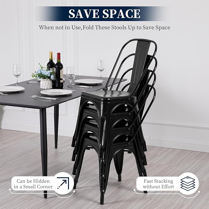 FDW | Metal Dining Chairs | Set of 4 | Black | Stackable Tolix Side Chairs wi...