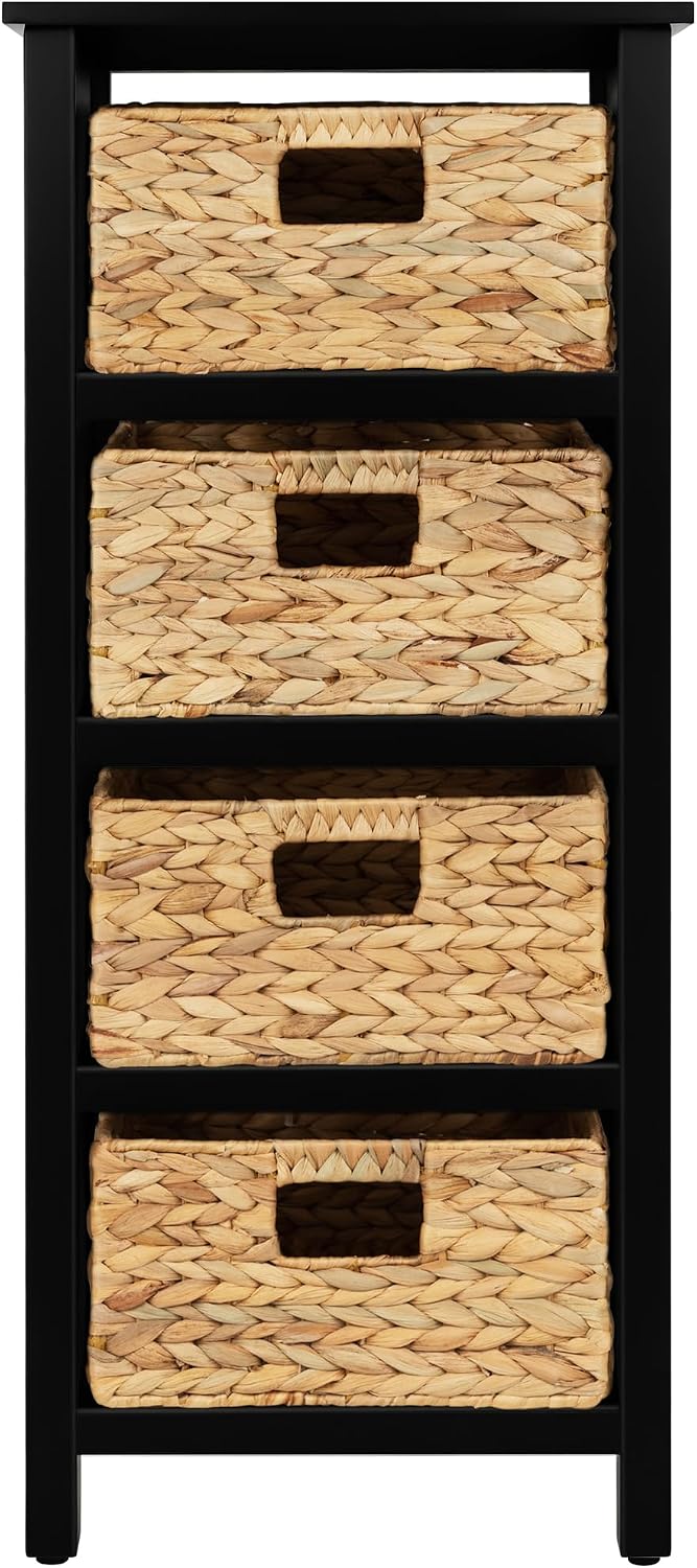 eHemco 4 Tier X-Side End Storage Cabinet with 4 Wicker Baskets, Black