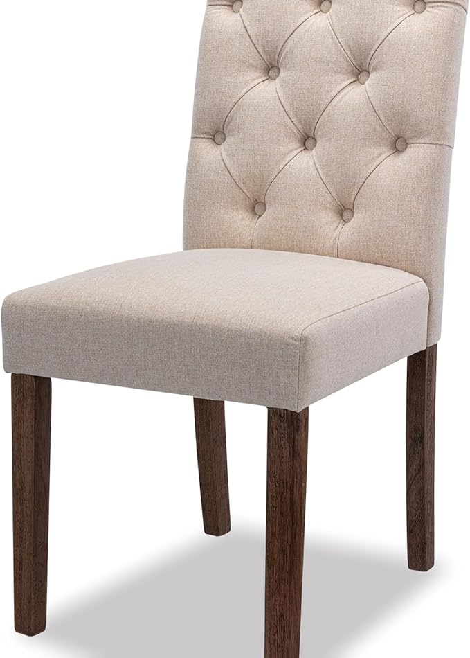 Dining Chairs Set of 2, Button Tufted Parsons Upholstered Chairs with Solid Wood Legs, Mordern Fabric Kitchen Chairs for Dining Room, Beige