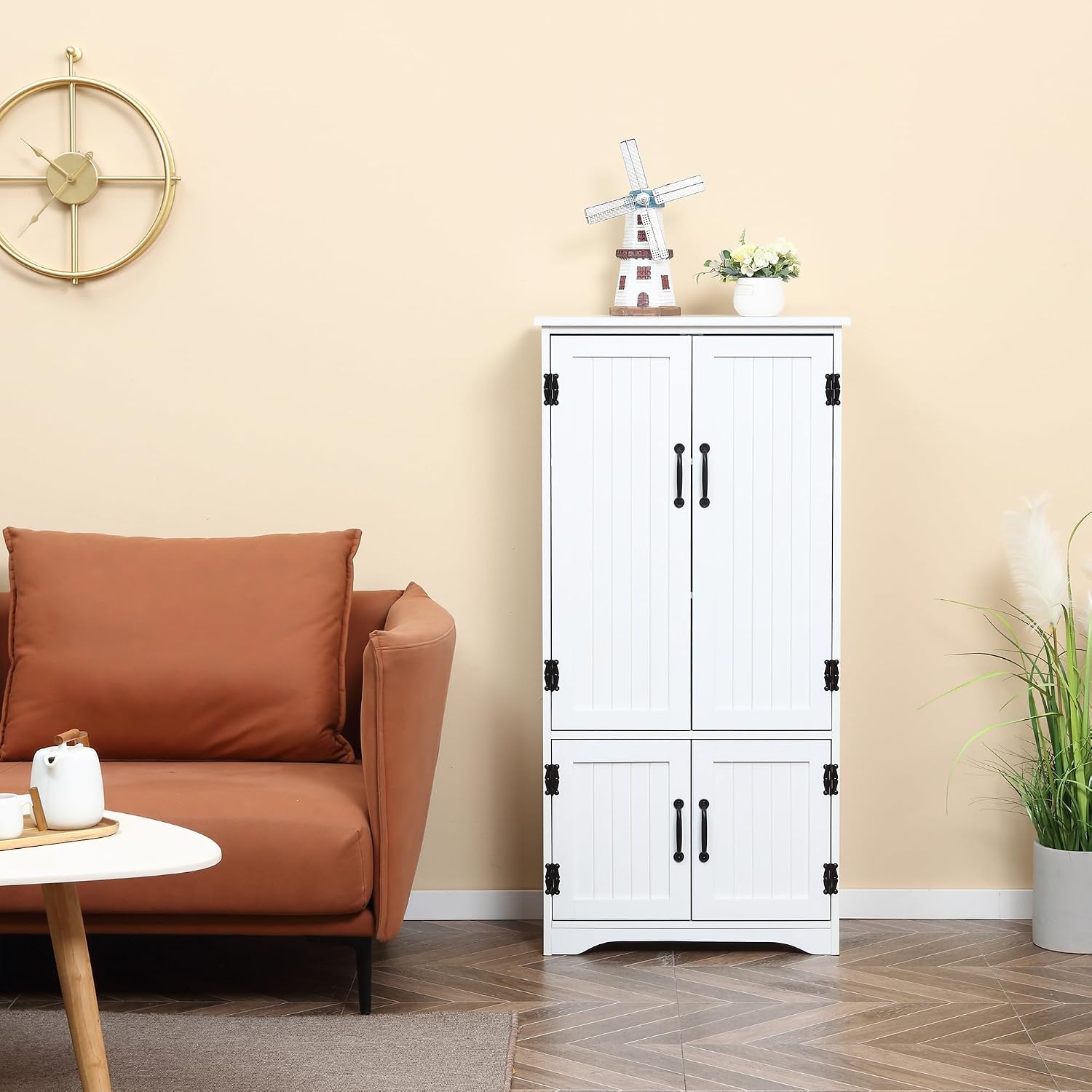 48.5" Farmhouse Kitchen Pantry, Floor Storage Cabinet with 4 Doors, White, Easy to Maintain, for Dining Room
