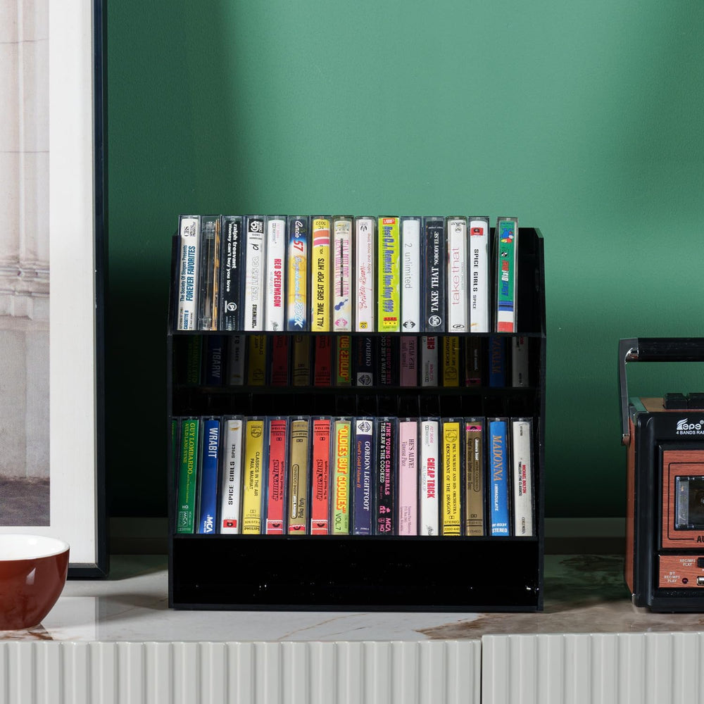 MyGift 2 Tier Modern Premium Black Acrylic Compact Cassettes Holder with Cuto...