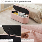 Storage Ottoman Bench End of Bed for Bedroom,45 inch Boucle Upholstered Entryway Shoe Seat Bench w/ Storage,Sherpa Modern Cute Padded Blanket Chest Stool Foot Rest for Living Room,Window Seating, Pink