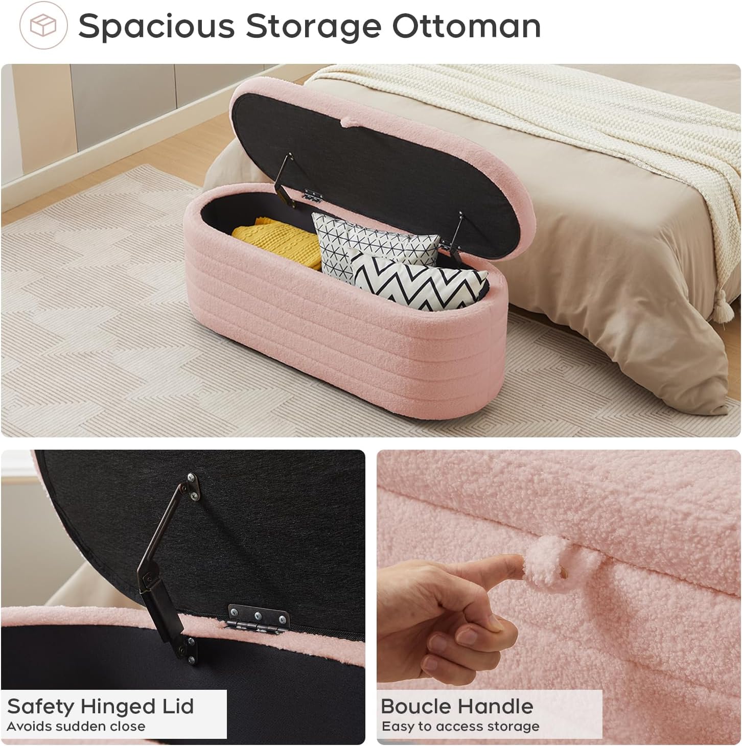 Storage Ottoman Bench End of Bed for Bedroom,45 inch Boucle Upholstered Entryway Shoe Seat Bench w/ Storage,Sherpa Modern Cute Padded Blanket Chest Stool Foot Rest for Living Room,Window Seating, Pink