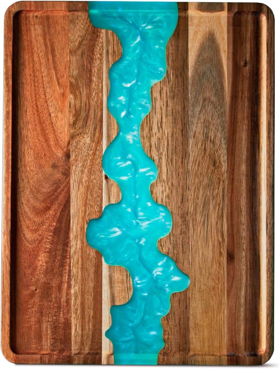Comfify Celeste Blue Resin Acacia Wood Serving Tray – 15.8x11.7 Rectangular