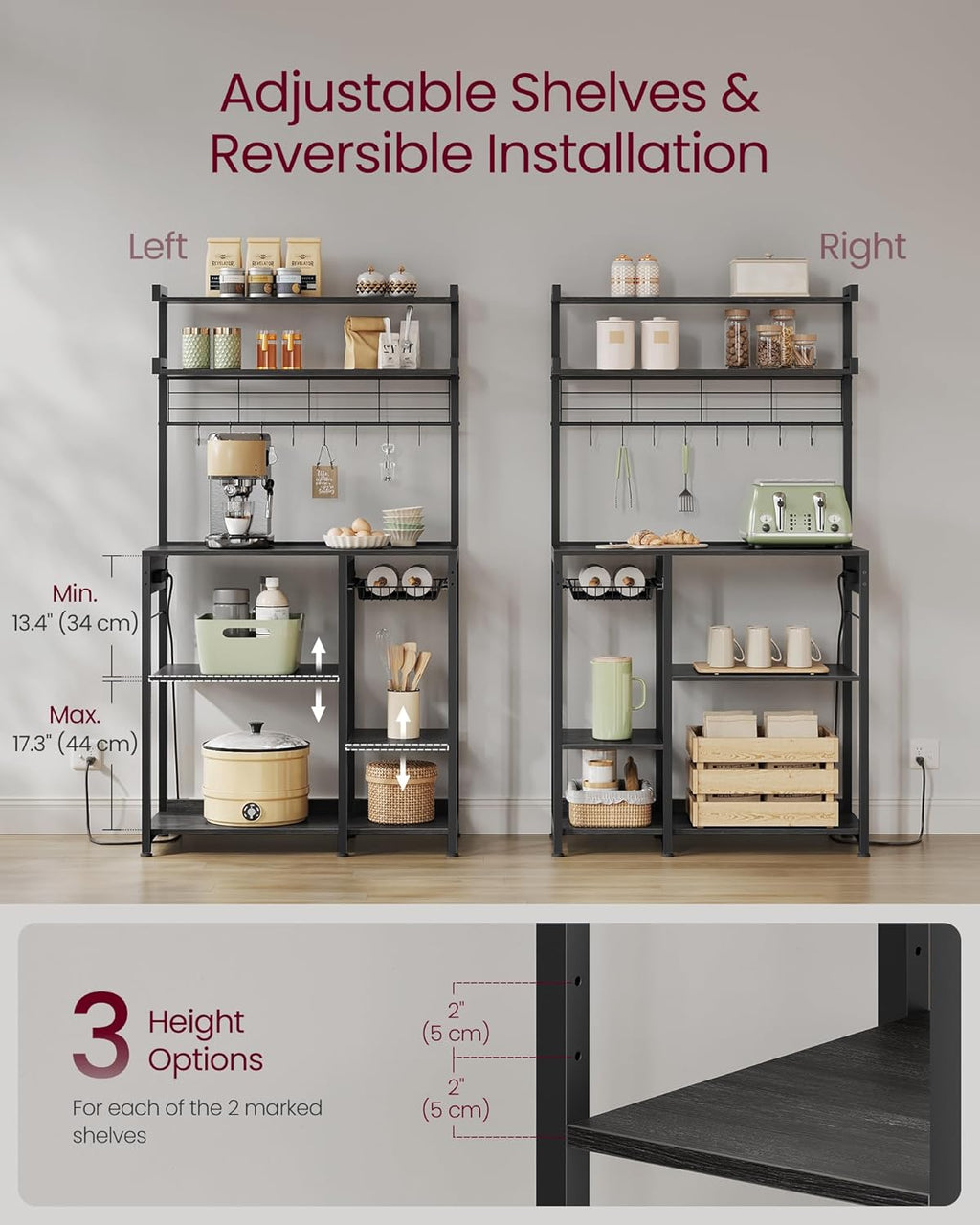VASAGLE Bakers Rack with Power Outlet, 35.4 Inches Microwave Stand, Coffee Bar, 4 AC Outlets, with Adjustable Shelves, 8 S-Hooks, Basket, Spice Racks, Charcoal Gray and Ink Black UKKS031B22