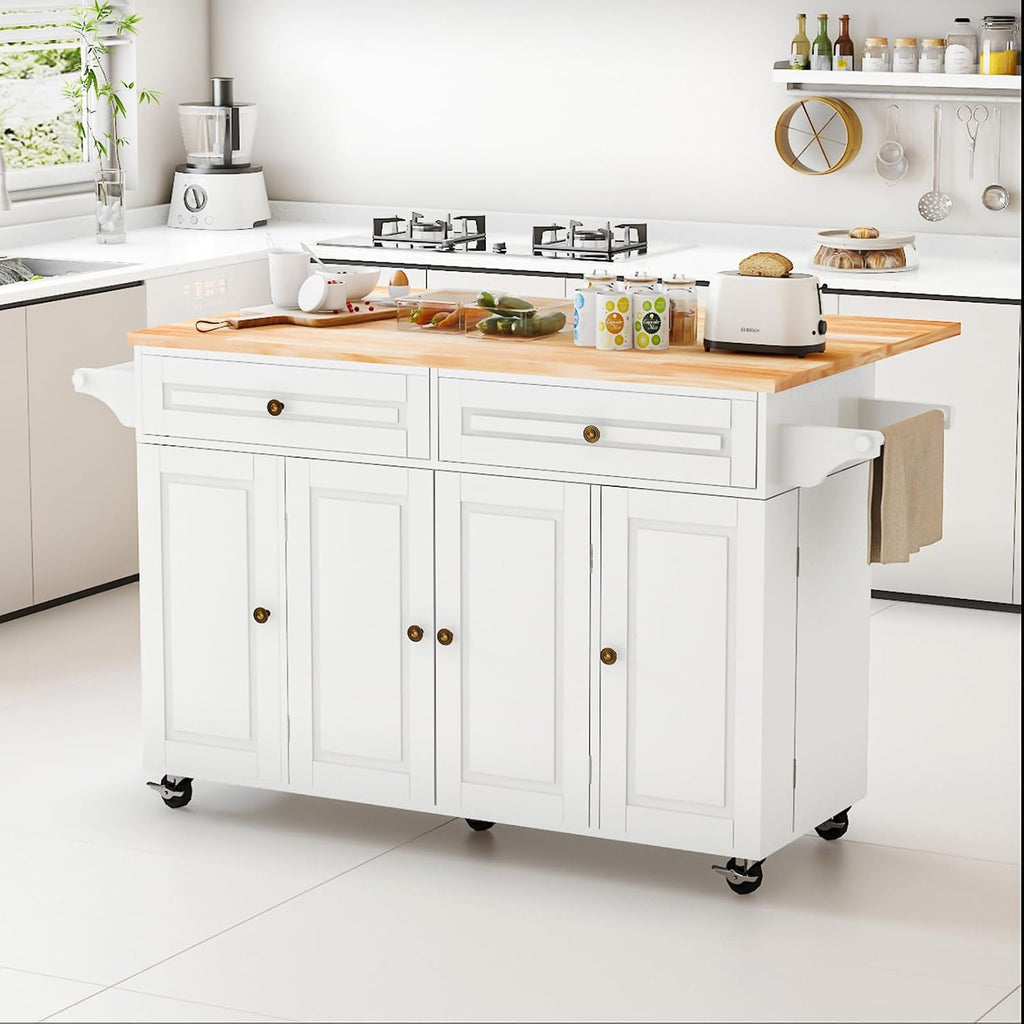 JassmiPkwy 59’’ Rolling Kitchen Island Cart with Drop Leaf and Power Outlet, Movable Kitchen Islands with 3-Tier Door Storage Shelf, Island Table on Wheels, 2 Large Drawers, Towel Racks, White